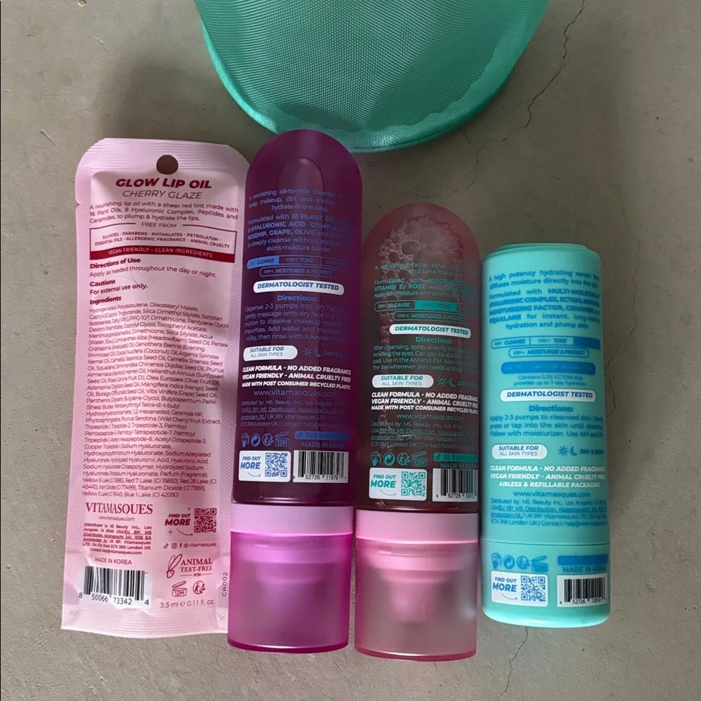New Sealed KBeauty Vitamasques Bundle: cleanser, toner, serum, lip oil & bag